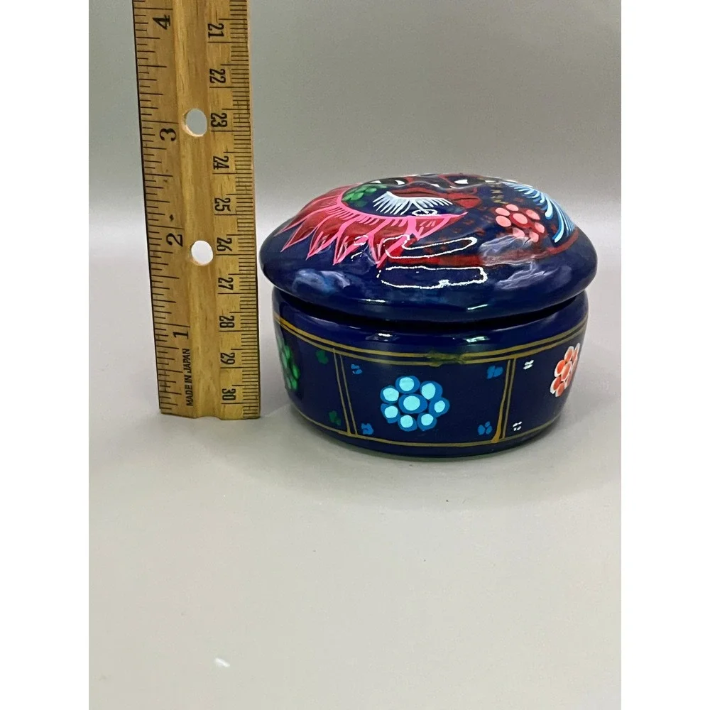 Sun Moon Stars Celestial Redware‎ Trinket Box Cobalt Blue 2.5